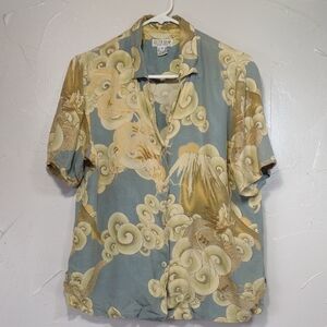 Flawed Silk Citron Chinese Dragon Blouse Small Blue